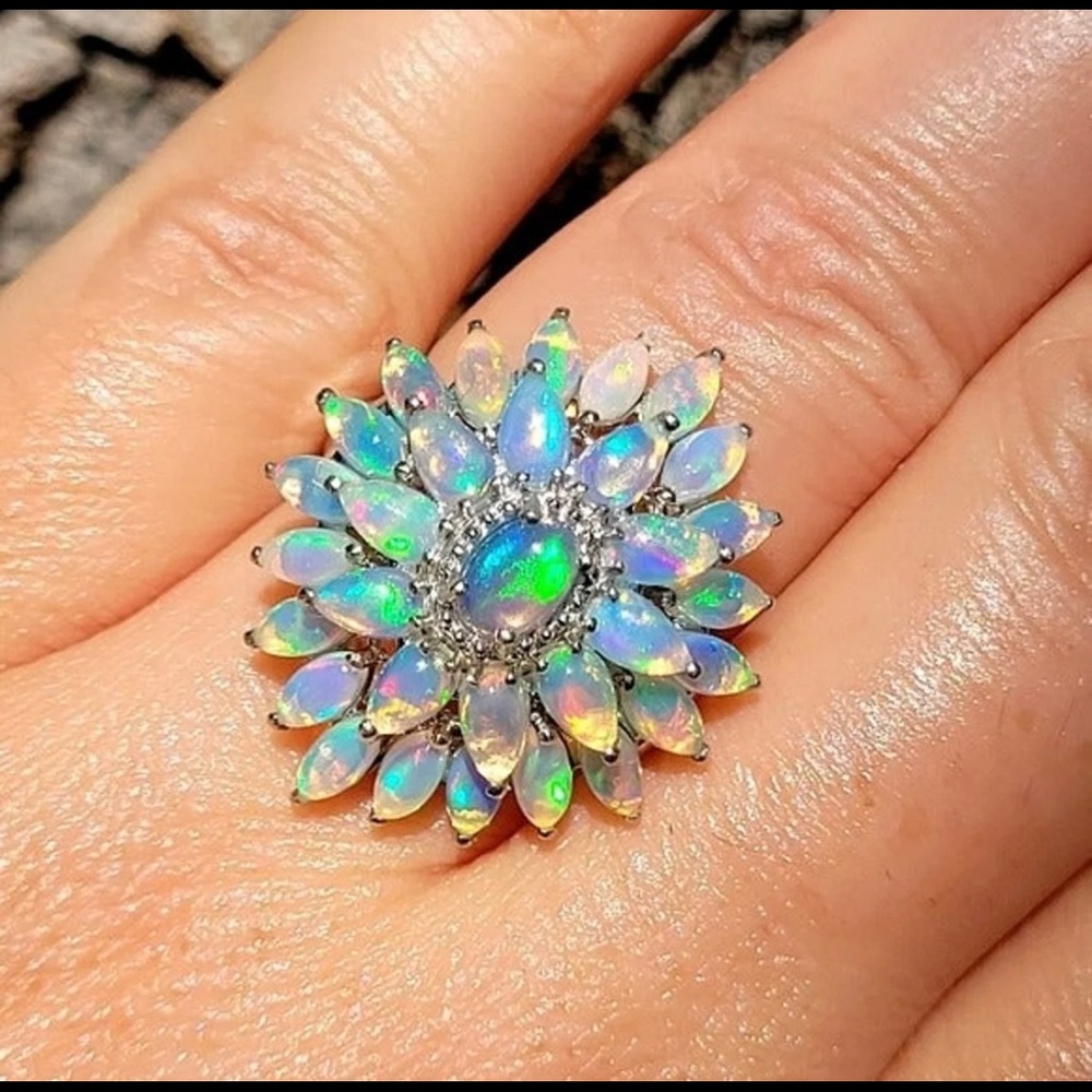 Gorgeous genuine opal floral cluster sterling silver ring size 7